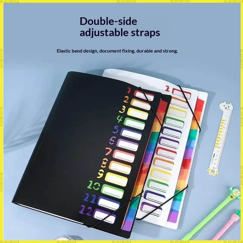 Cartella Espandibile a Fisarmonica Arcobaleno, 12 Pagine, Materiale PP, Chiusura con Elastico, Schede Colorate, Organizzatore per Ufficio e Scuola