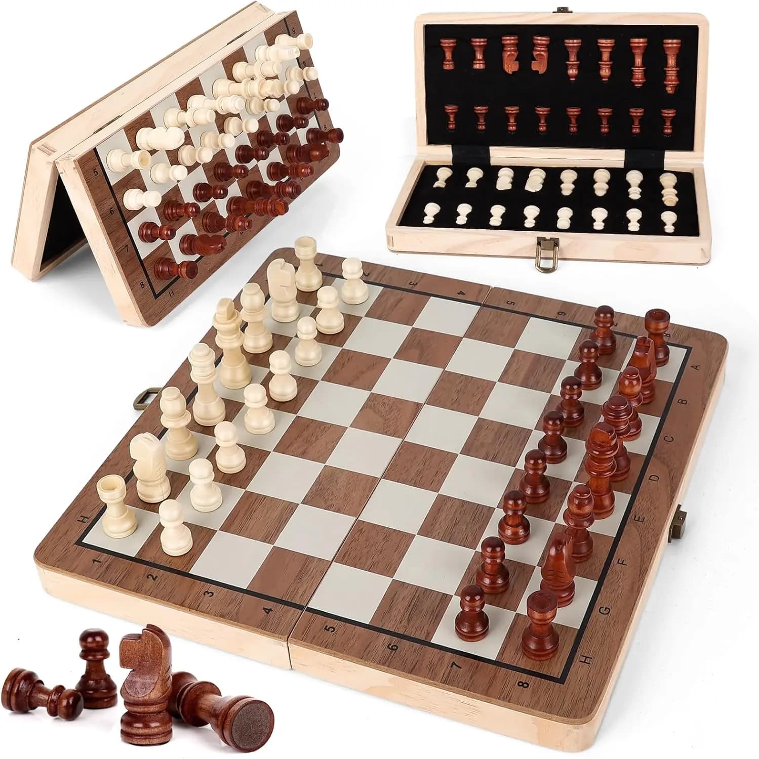 Set di Scacchi Magnetico in Legno, Scacchiera Pieghevole da Viaggio 29 cm con Vano Portaoggetti, Gioco Portatile per Bambini e Adulti
