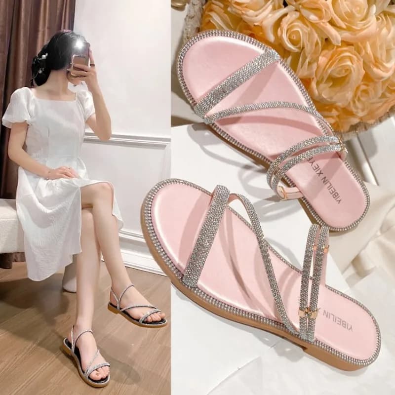 Sandali da donna estivi appartamenti pantofole con strass lucidi pantofole da spiaggia da donna alla moda Slip-on scarpe Casual Slides taglia 35-41