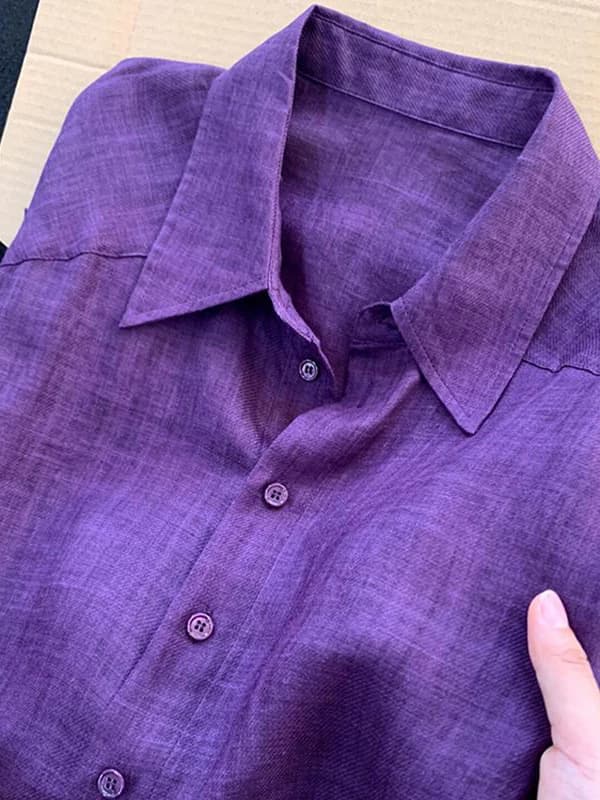 Lightweight Purple Linen Collar Shirt Women's Summer New Lazy Unique Match Sunscreen Top French Style Loose Fit Long Sleeve