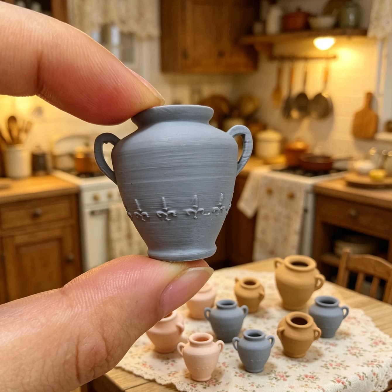 Set in ceramica in miniatura da tre pezzi, oggetto decorativo retrò per casa delle bambole, accessorio realistico in argilla per scenografie, per la collezione degli appassionati.