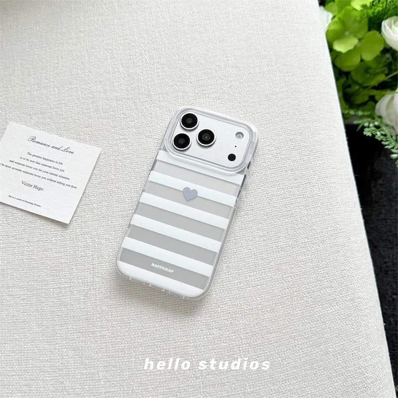 Korean White Stripes Grey Love Heart Phone Case For iPhone 17 Air 16 Pro Max 15 14 Plus 13 12 11 Shockproof Silicone Back Cover
