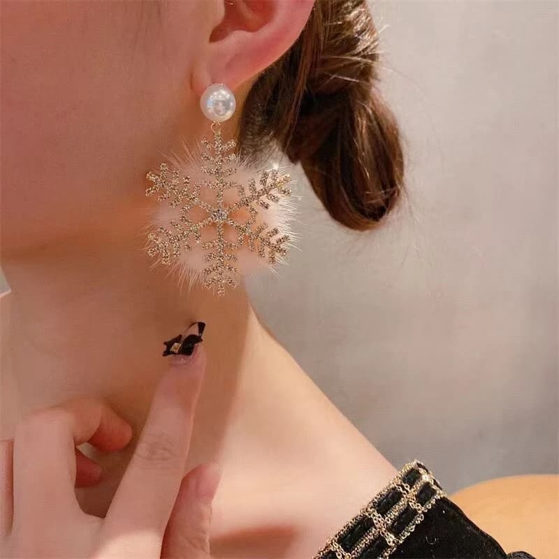 Orecchini di lusso con fiocco di neve in cristallo con pendente di perle finte per regali di gioielli di moda per feste di Natale da donna