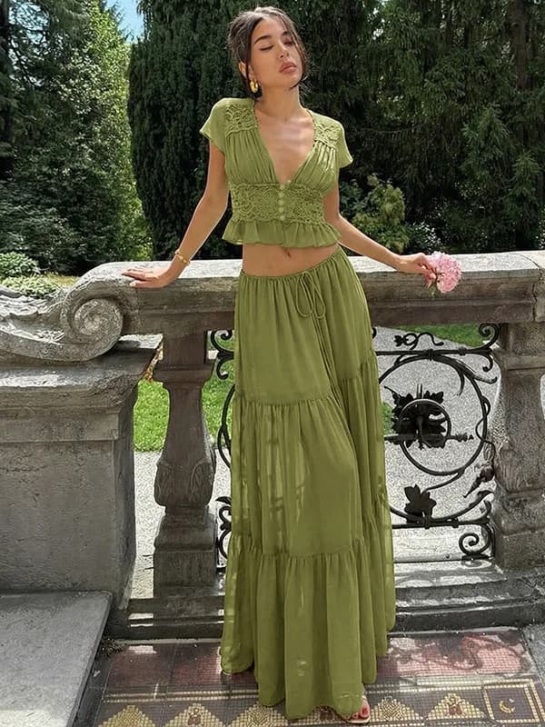 Elsains Set Gonna a Mezza Lunghezza con Cintura e Cardigan Aperto in Chiffon e Pizzo Trasparente, Abbigliamento Sportivo Casual da Donna Estate 2026