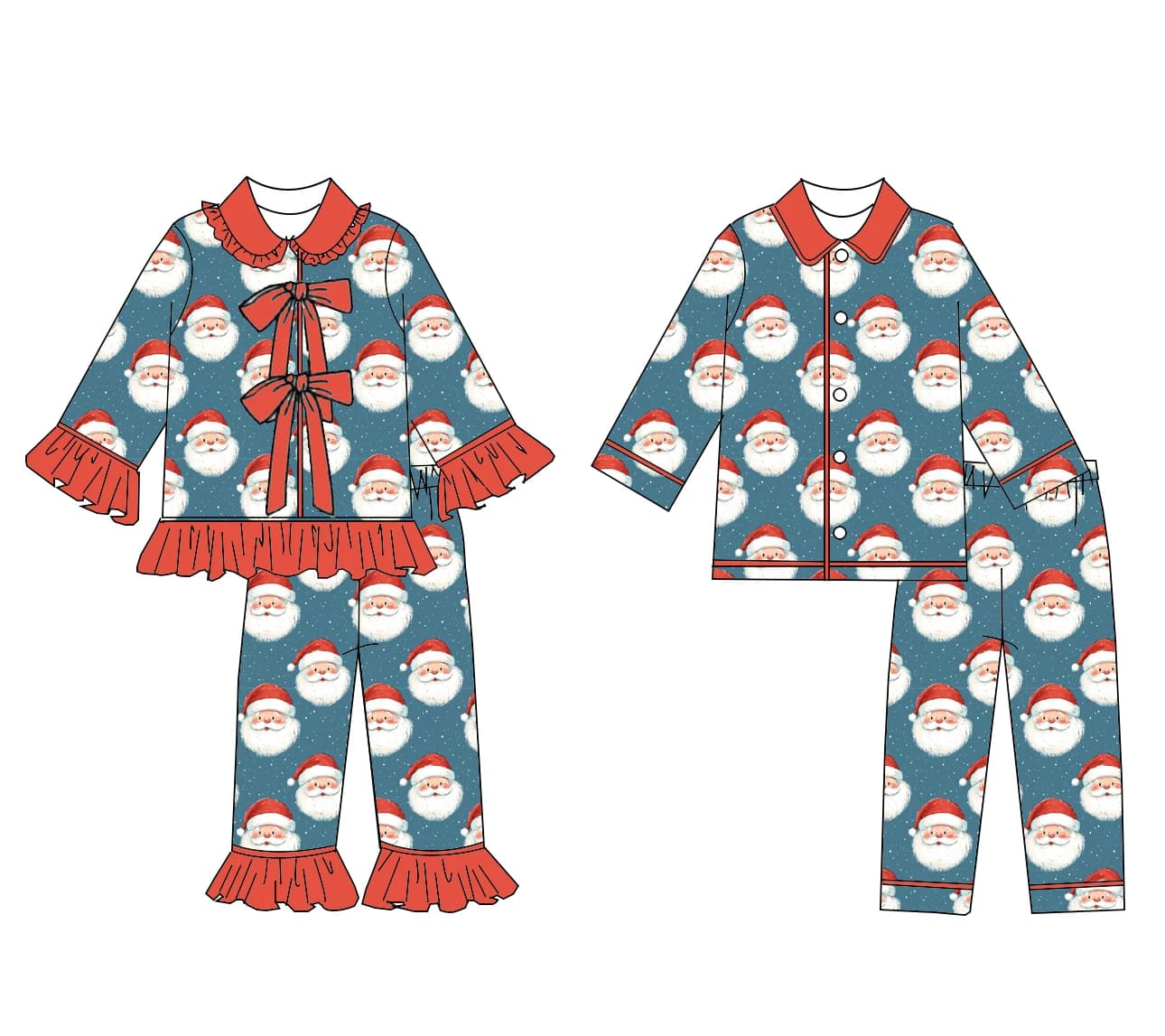 Boutique Hot-Selling Girls' Boys' Outfit Lapel Long-style with Ruffled Button Bow Decoration Christmas Series Print Custom