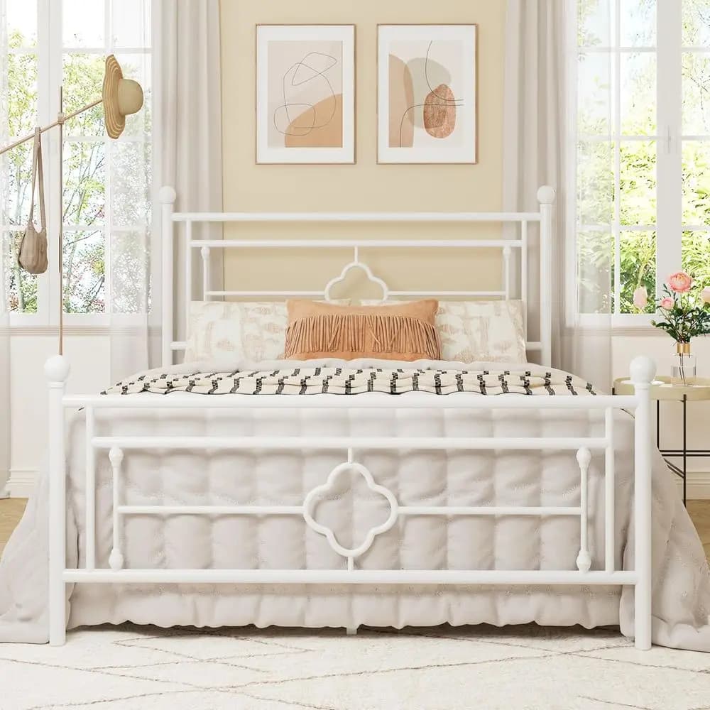 Letto con piattaforma in metallo con doghe vintage e vano portaoggetti sotto il letto, non necessita di rete a molle, silenzioso, facile da montare, bianco