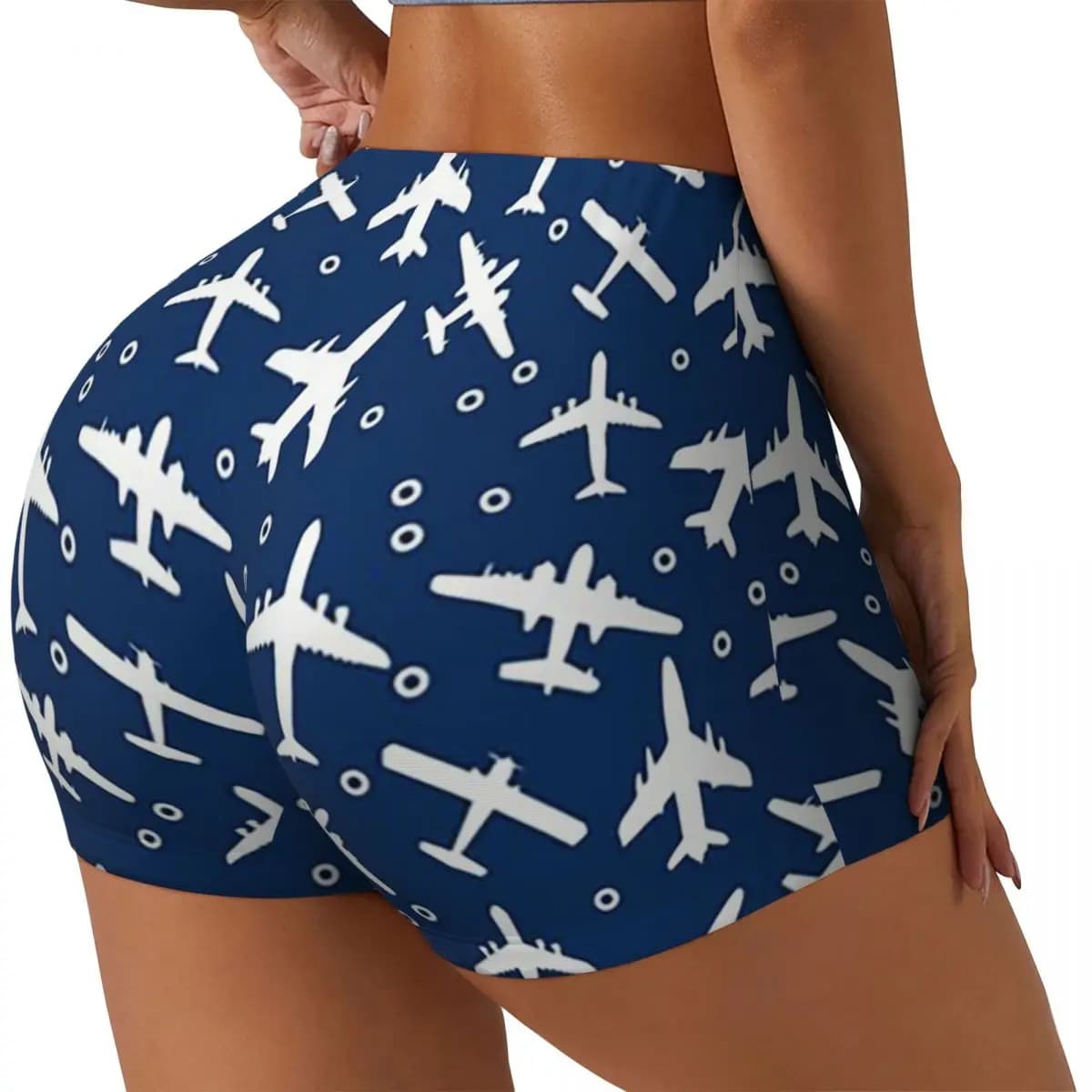 Pantaloncini da corsa per allenamento in palestra da donna con motivo sagoma di aeroplani blu e bianchi personalizzati Pantaloncini da yoga per motociclisti da pallavolo atletico