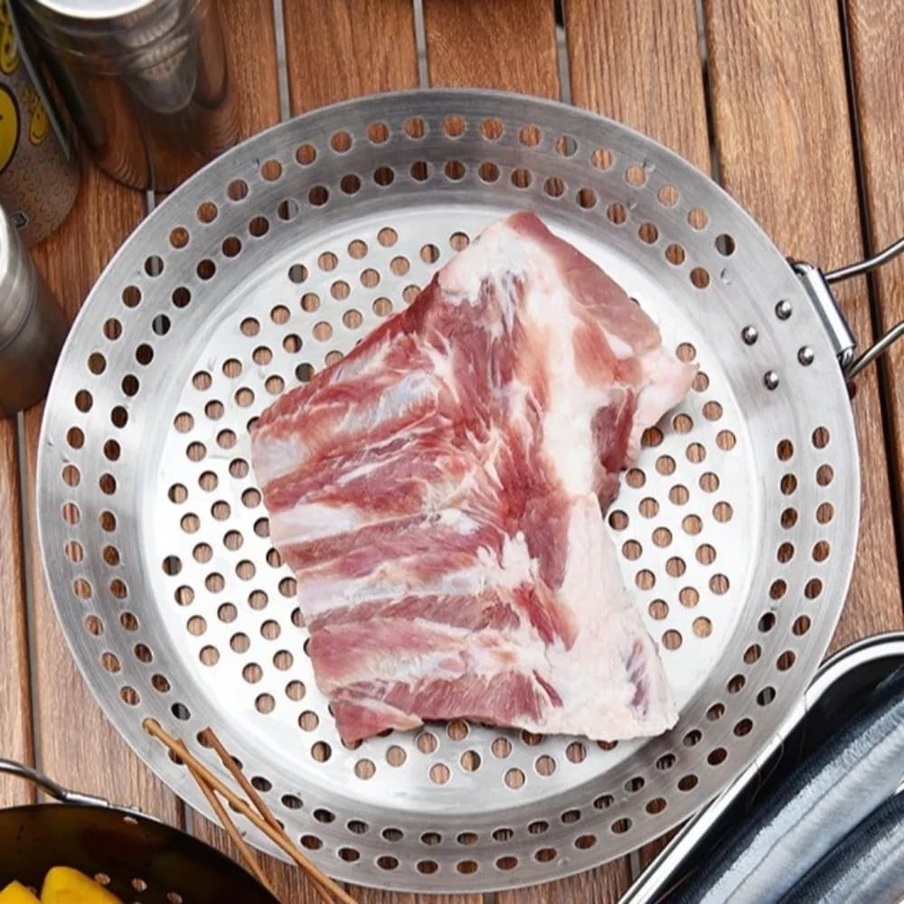 Cestello per Grigliare Verdure in Acciaio Inox con Manico in Legno Pieghevole, Padella Circolare Antiaderente per Grigliare e Friggere, Utensile da Cucina