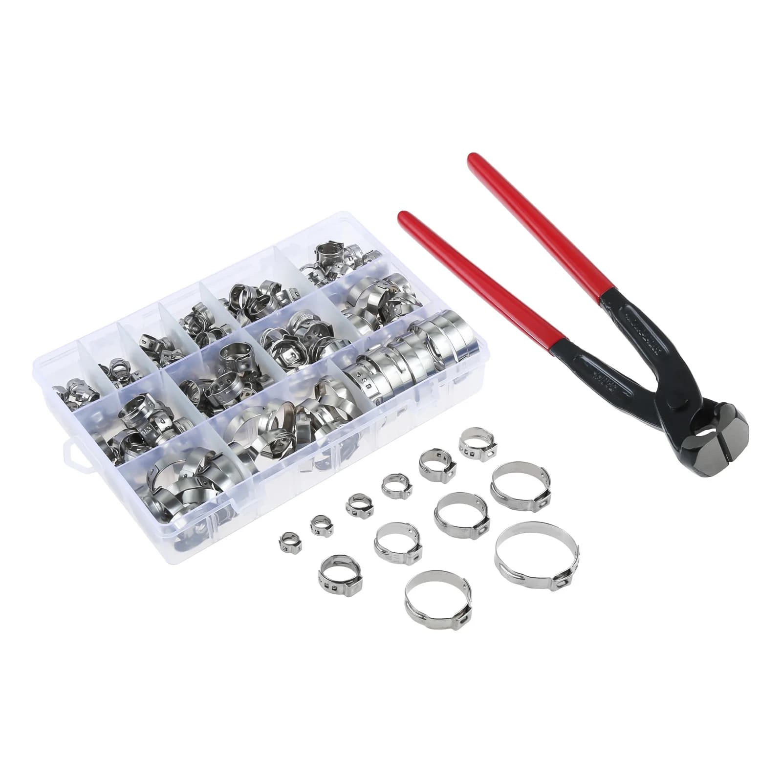 180 pcs/set clamps and pliers for single ear tubes and storage box assortment kit of 304-5.3mm stainless steel chrymer assembly tools