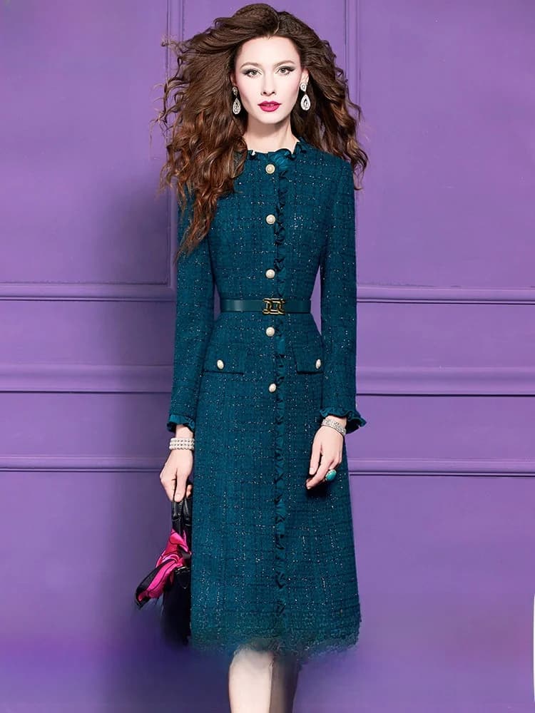 Elegante Abito in Lana con Paillettes Lucide da Donna, Gonna a Trapezio di Media Lunghezza, Vita Alta, Moda Invernale, Stile Ladylike Piccola Fragranza