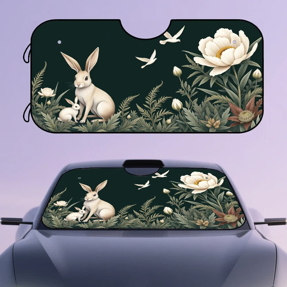 1pc, Elegant Rabbits Floral Birds Pattern Polyester Fiber Car Sunshade, Universal Fit Windshield Sunshade Accessory For Vehicles