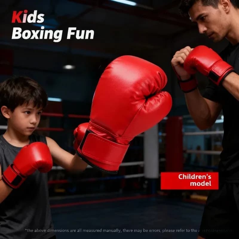 Guantoni da Boxe in Pelle PU Rosso e Nero per Adulti e Bambini, Supporto Completo per il Polso, per Karate e Taekwondo