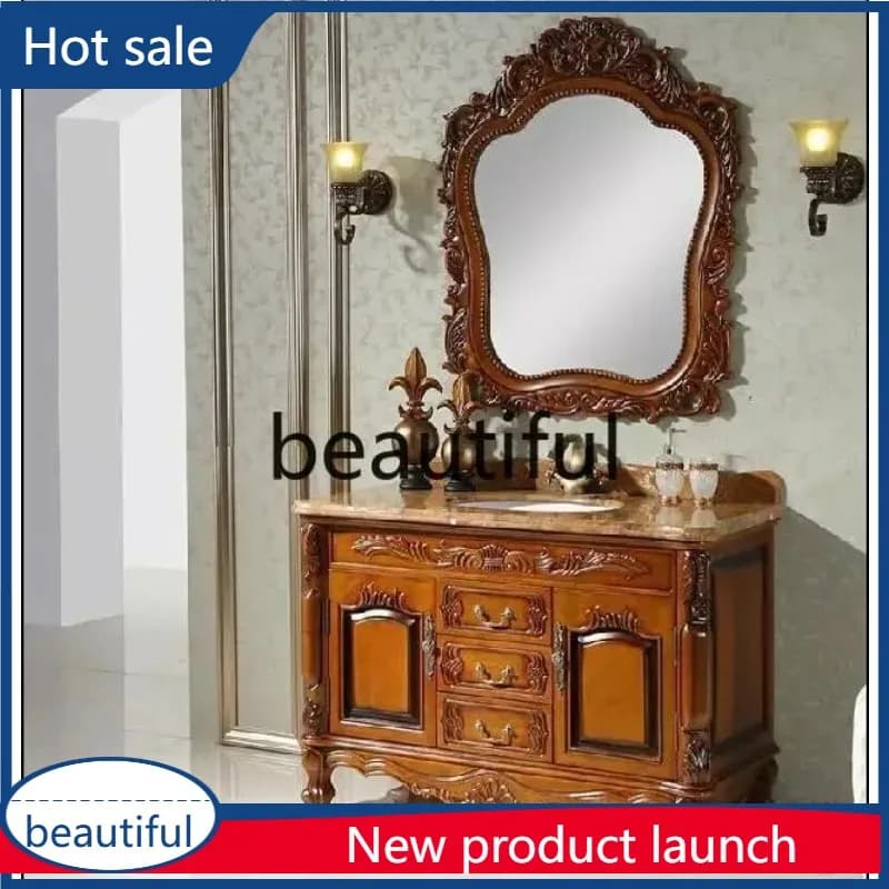A17 Mobile da bagno europeo in rovere in legno massello antico, mobiletto a specchio intagliato combinato lavabo in marmo