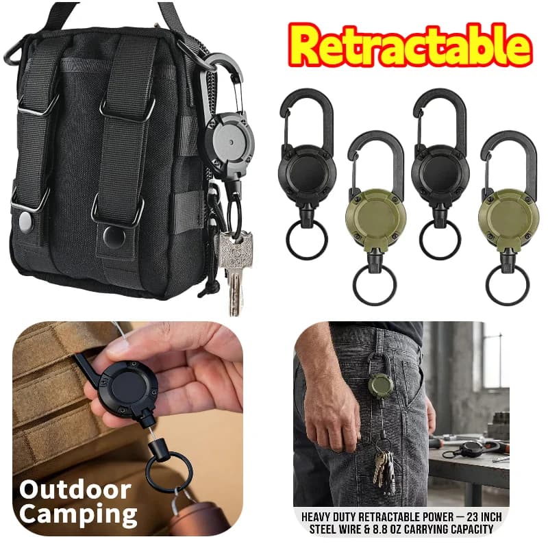 Retractable Heavy Duty Pull Reel Carabiner Strong Steel Wire Rope Buckle Spring Key Ring Outdoor Sporty Keychain Tool
