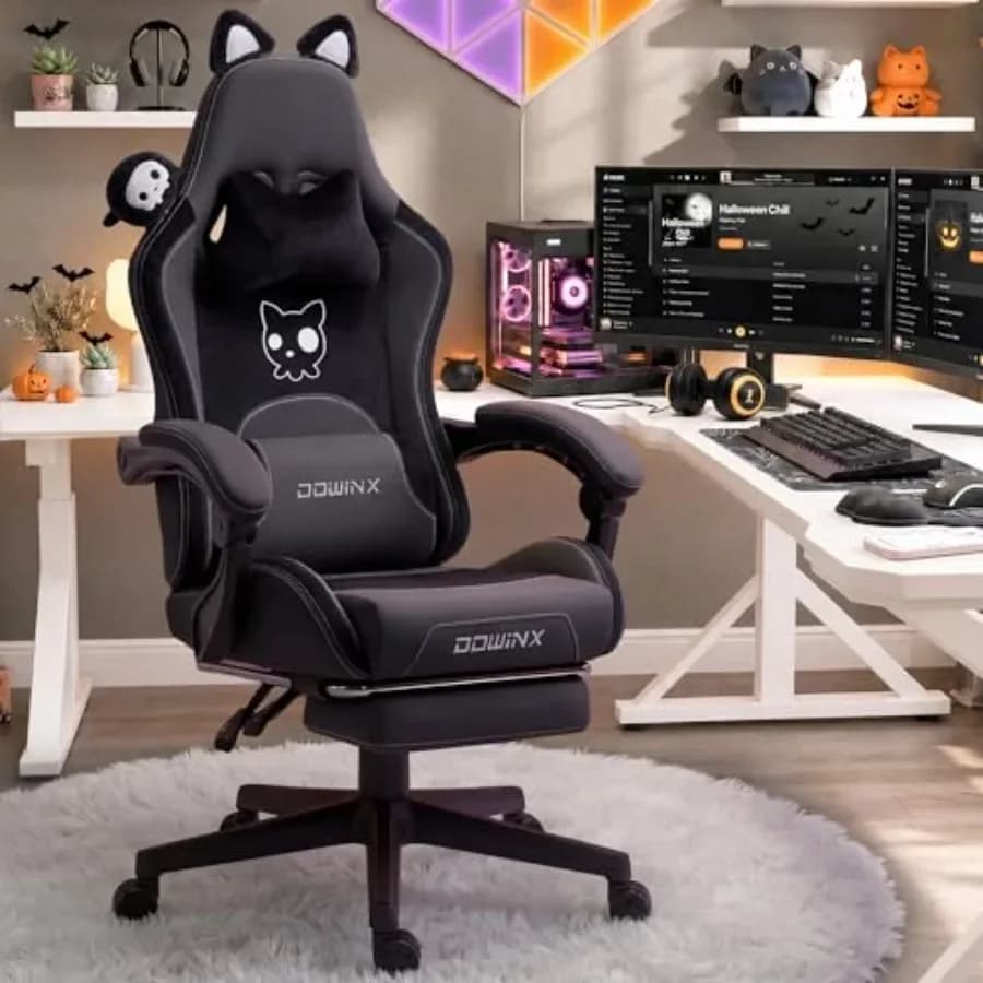 Gaming Chair for Adults with Cat Ears, PU Leather, Black, Massage Lumbar Support Reclining Function up to 290lbs