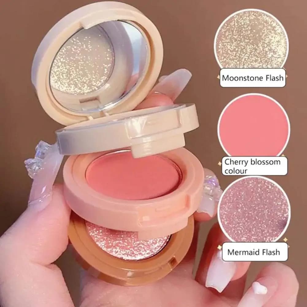 Palette 3 in 1 per Blush, Illuminante e Contouring, Effetto Brillante e Opaco, Lunga Durata, Non Sbiadisce, con Specchio Portatile