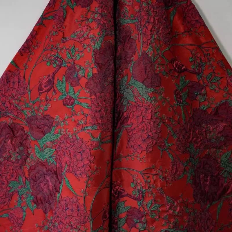 Red Magpie Branch Chinese Jacquard Embossed Stiff Fabric Material Tang Suit Qipao Vest Bags Cases Luxury Apparel All for Sewing