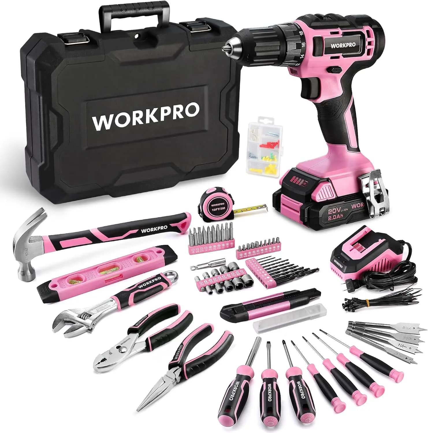 141PCS Pink Cordless Drill & Home Tool Set, 20V Power, 2.0Ah Battery, Fast Charger, DIY Kit for Women