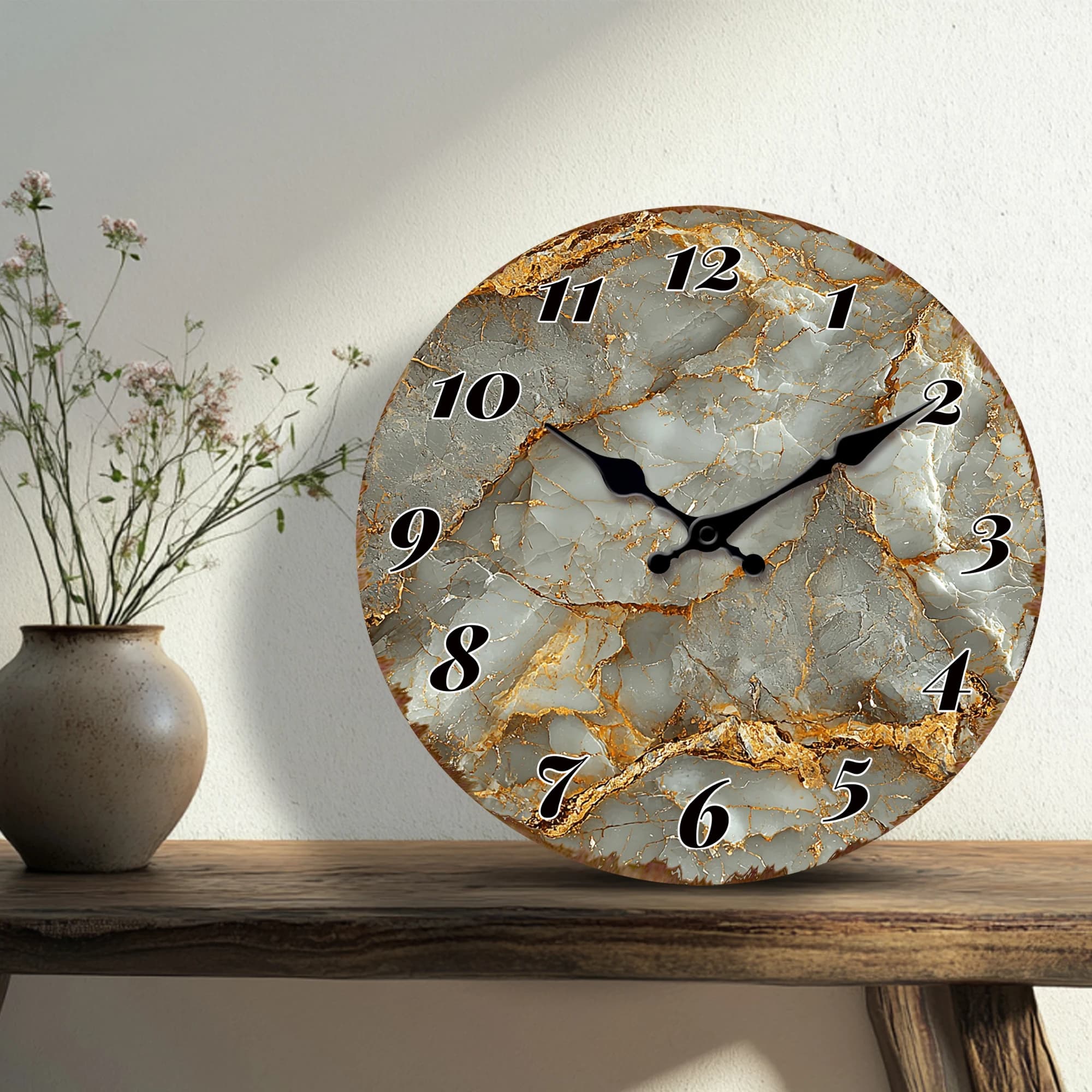 Elegante Orologio da Parete Rotondo con Texture Marmorizzata e Venature Dorate, Orologio Decorativo di Lusso Effetto Pietra, Sofisticato Orologio da Parete per Arredamento