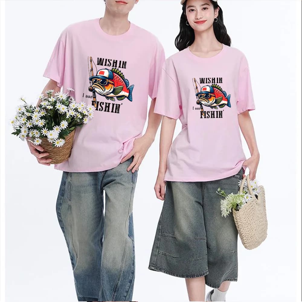 Fish Wearing Cap Sunglasses Holding Fishing Rod Printed T Shirt Breathable Fabric S-XXL Personalized Custom T Shirt Unisex Fit C