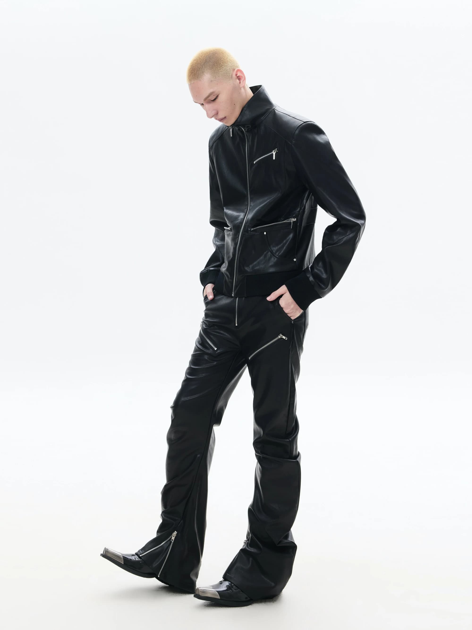 FRKM SCD 26SS Men's Leather Jacket Zipper Shoulder Lengthened Stand Collar Short Style Breathable Black Spring Autumn Outerwear