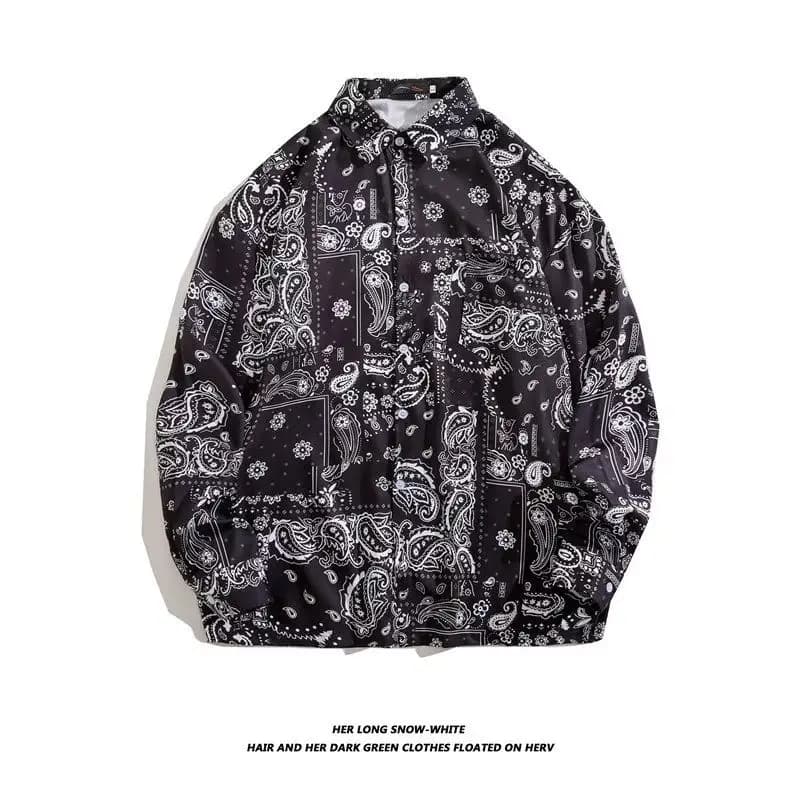 Vintage Large Size Men's Long Sleeve Shirt with Walnut Flower Design Trendy Streetwear Casual Fashion Outerwear Jacket
