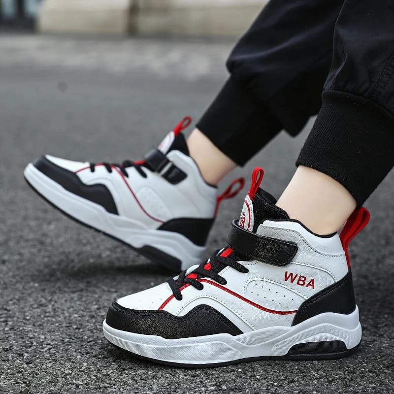 Kids High‑top Basketball Sneakers Boys PU Leather Skateboard Shoes Hook & Loop Thick Non‑slip Sole Children Fashion Sports Casua