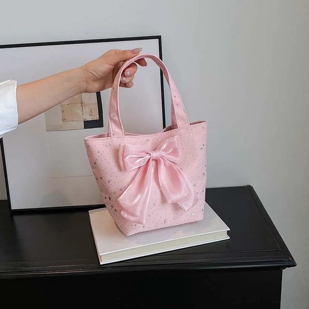 Versatile Bow Decor Mini Handbag Magnetic Button Large Capacity Star Printed Small Tote Polyester Multi-function