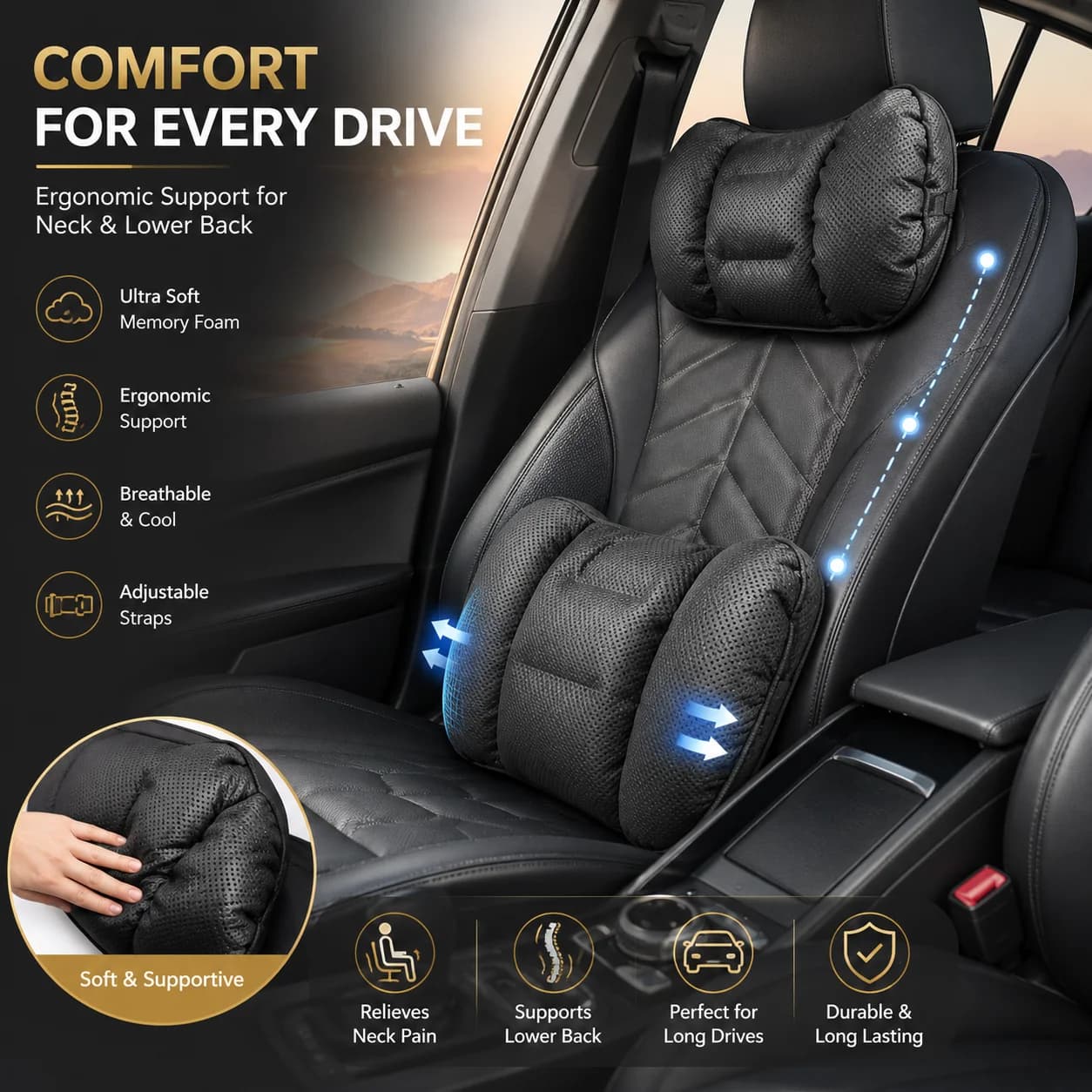 Perforated Nappa Leather Car Headrest Lumbar Support Soft Car Neck Pillow Car Lumbar Seat Cushion Accessory