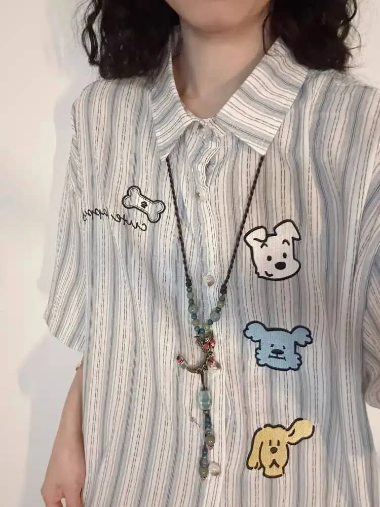 2026 Summer Japanese Cute Dog Embroidery Subculture Short Sleeve Shirt For Women Trendy Casual Loose Striped Button Down Blouse