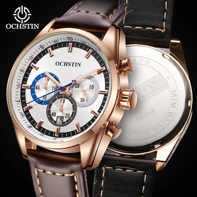 OCHSTIN Cronografo di lusso originale Orologi sportivi da uomo Cinturino in pelle Orologi da polso al quarzo Luminoso Casual Relogio Masculino