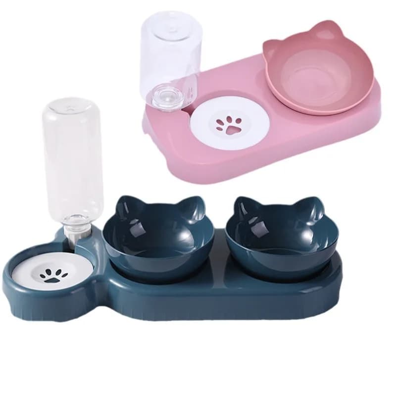 Ciotola per Gatti e Cani con Dispenser Automatico di Acqua e Cibo, Supporto Rialzato, Doppia Ciotola, Accessori per Animali Domestici