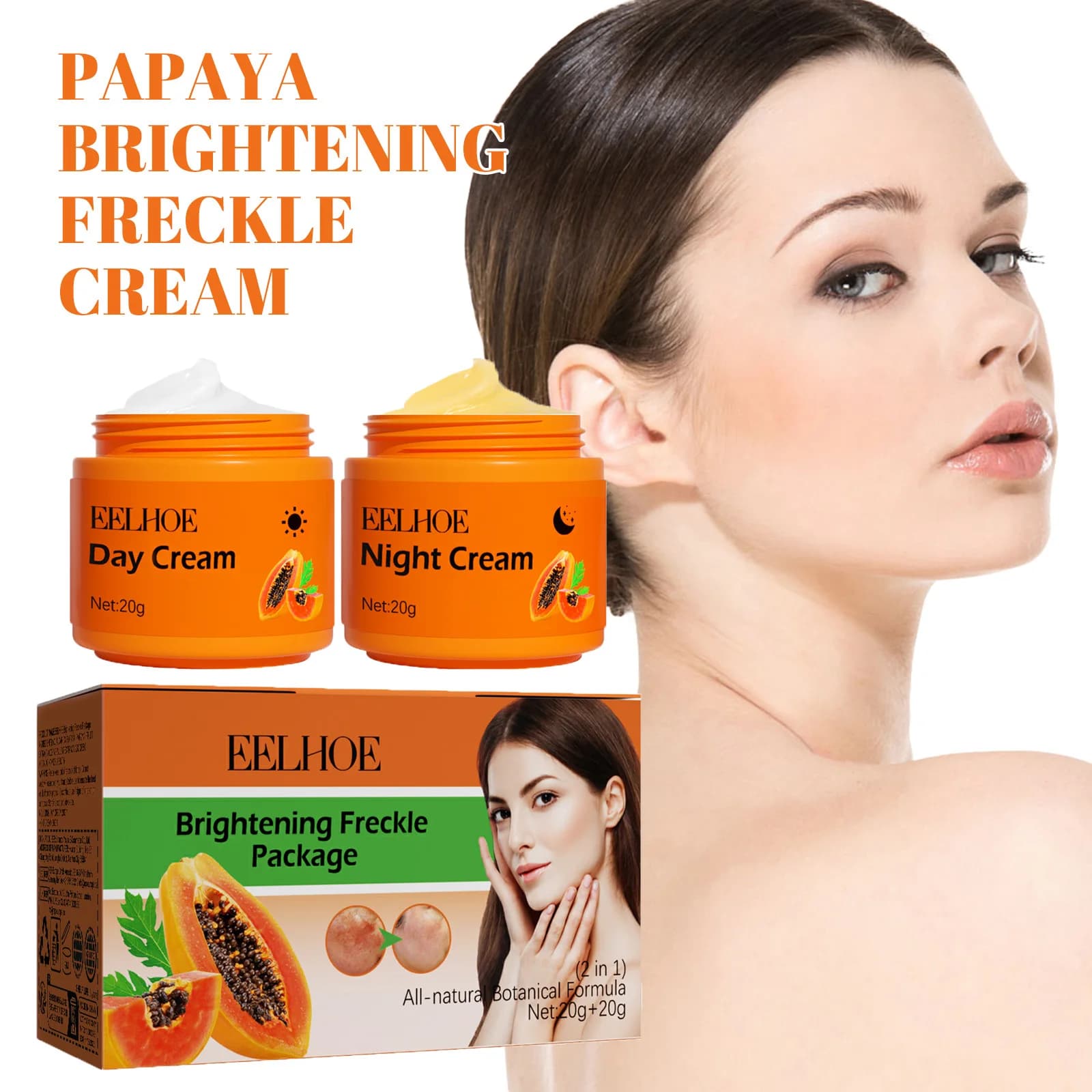 Set di crema per il viso illuminante per lentiggini al papaia, correttore per macchie solari diurne e notturne, pigmento sbiadito, illumina il tono della pelle, idratante diurno e notturno