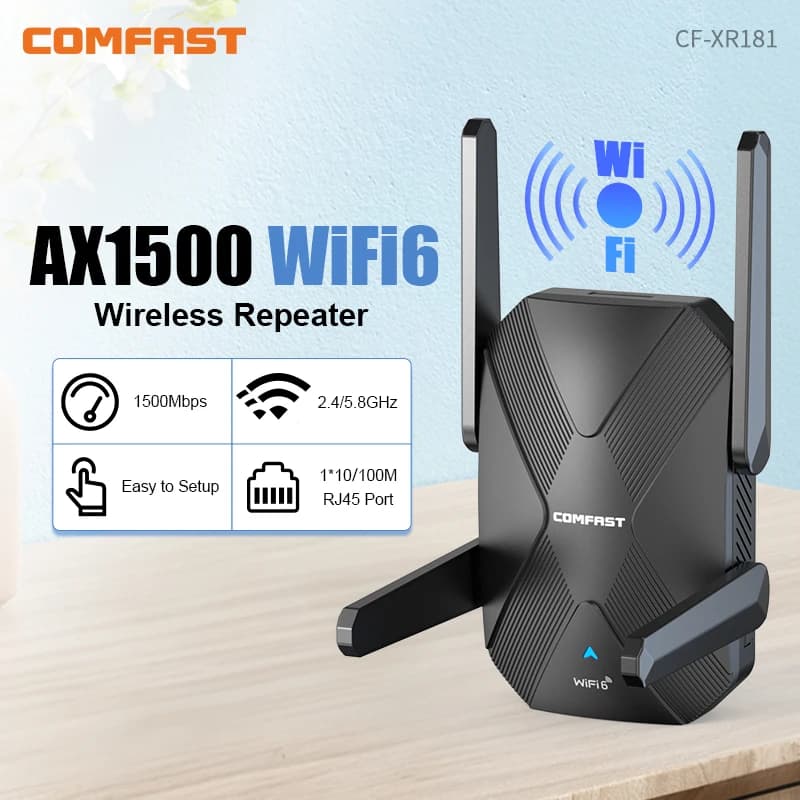 COMFAST Ripetitore Wi-Fi 6 1500Mbps, Ripetitore Wi-Fi 2.4G/5.8G con 4 Antenne, Amplificatore di Segnale a Lungo Raggio per Casa