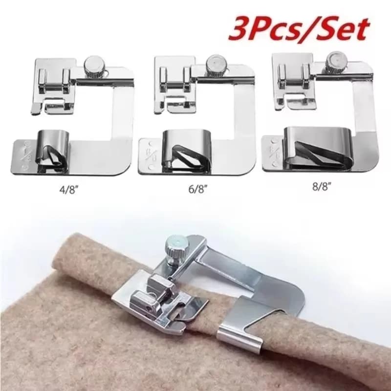Set of sewing edges 3 pieces feet for wide edge or 3 pieces feet for rolled narrow edge for sewing machines Brother Singer low stem