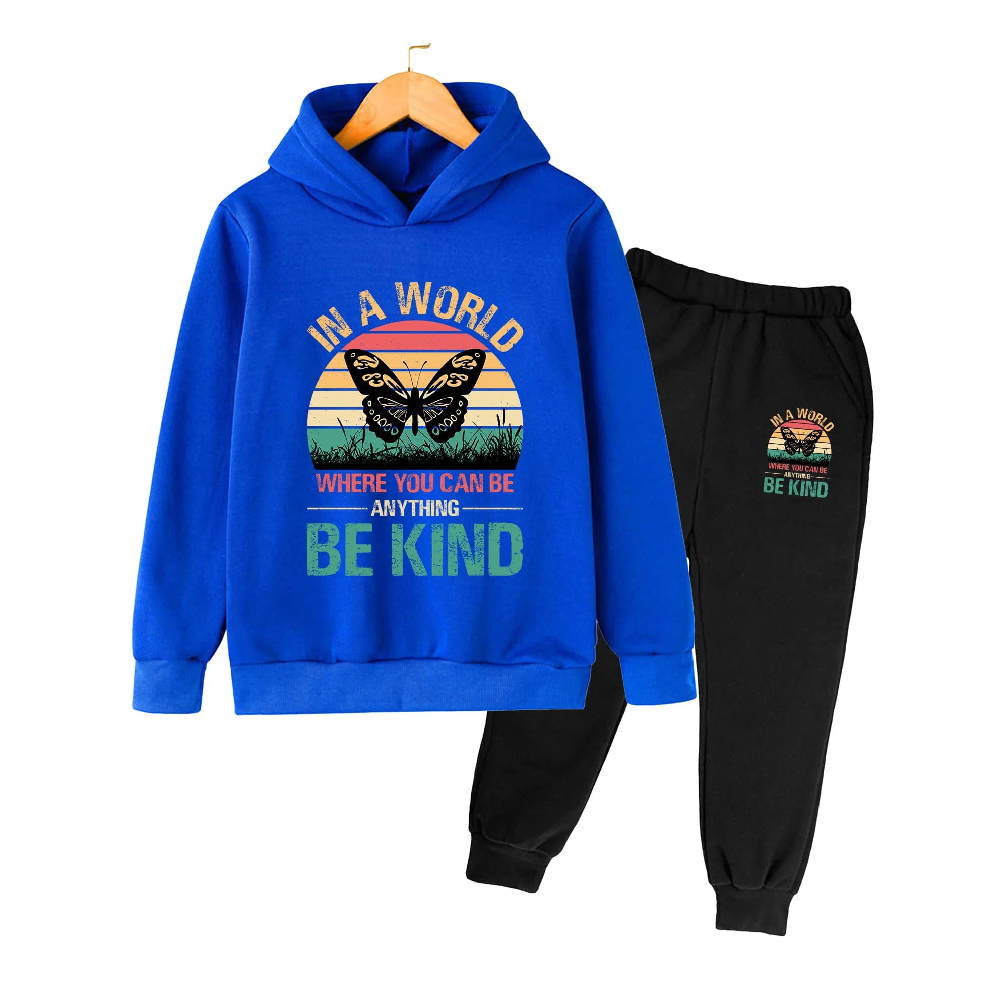Kids Hoodie & Sweatpants Set, Retro Butterfly "Be Kind" Print, Casual Outfit for Boys Girls Daily Wear