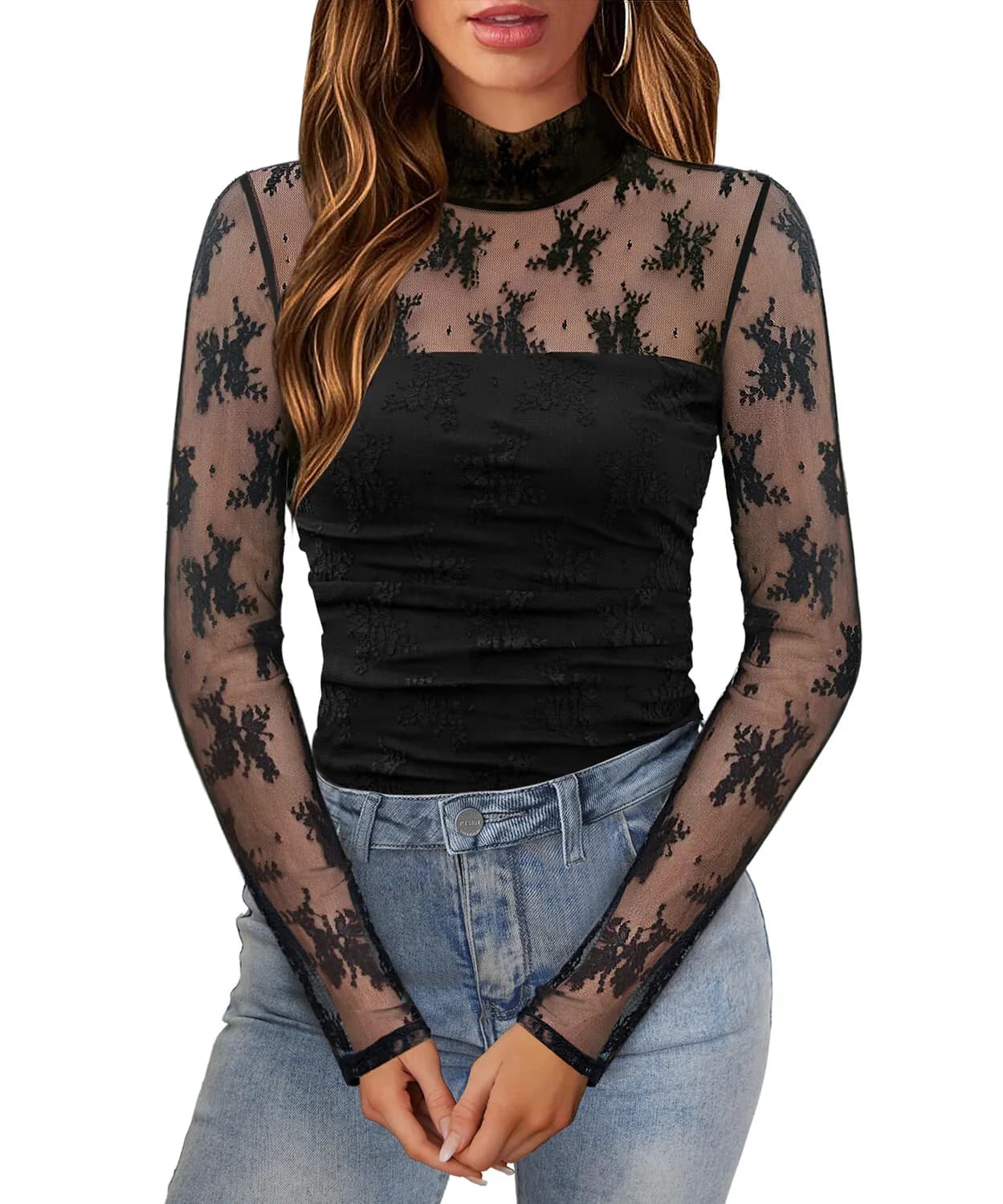 Camicia da donna in pizzo trasparente con collo alto e maniche lunghe, collo a lupetto, camicia in rete floreale, camicetta trasparente sexy