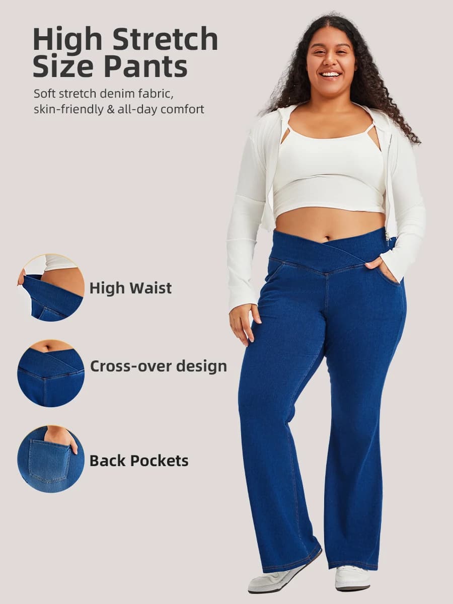 Muyafei Women Plus Size High Waist Bootcut Jeans Crossover Waist Tummy Control Stretch Slim Fit Casual Elastic Denim Pants Basic