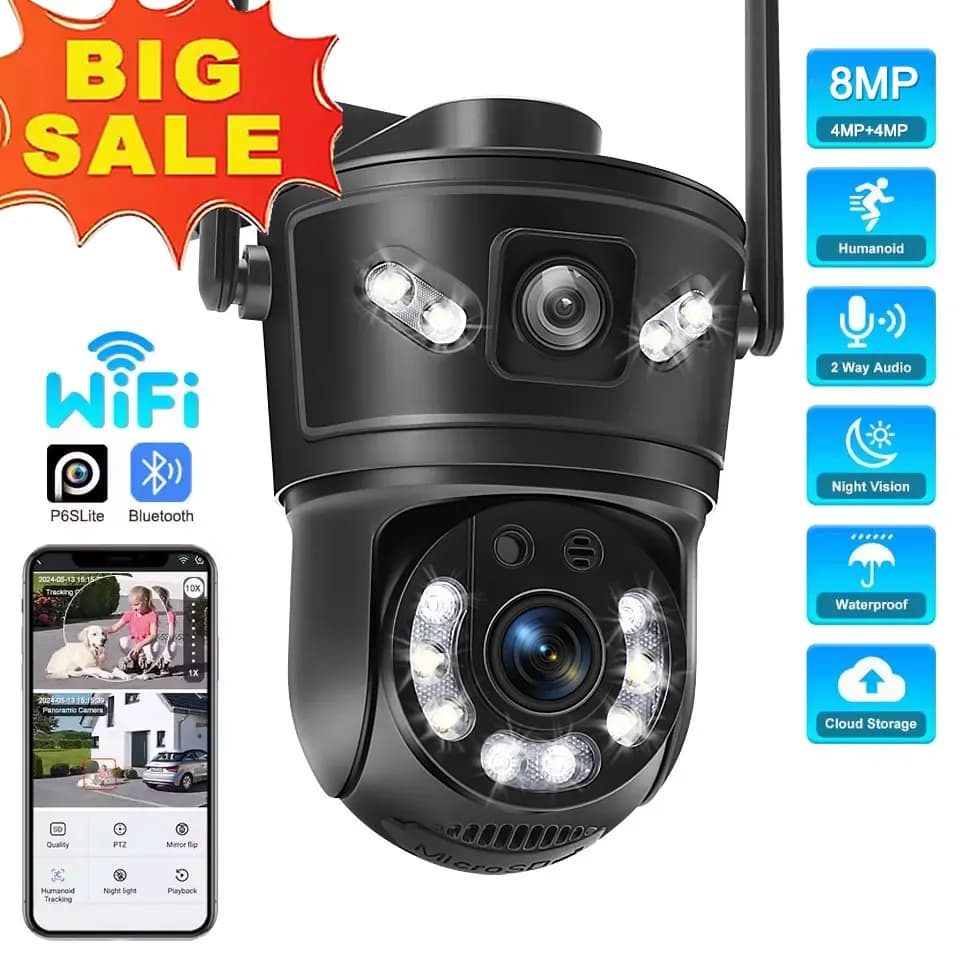4K 8MP WiFi IP Camera Dual Lens Dual Screen 4X Zoom PTZ Security Camera Auto Tracking Smart Wireless CCTV Video Surveillance