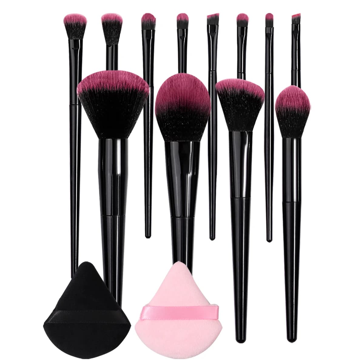 Set di 14 Pennelli per Trucco con Spugnette, Pennelli Sfumati Rosa e Neri per Fondotinta, Ombretto e Blush, Kit Tutto-in-Uno