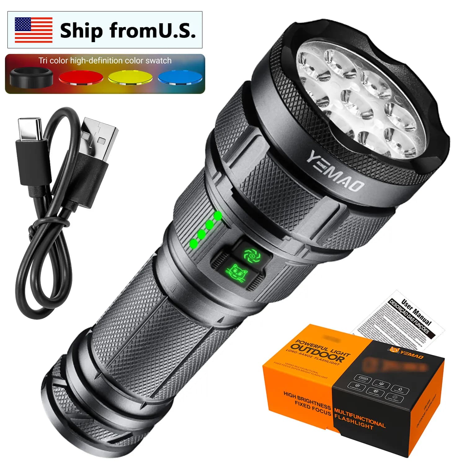 Torce ricaricabili 6000 lumen, torcia LED super luminosa USB C, lente tricolore ad alta potenza Forte luce flash per emergenza