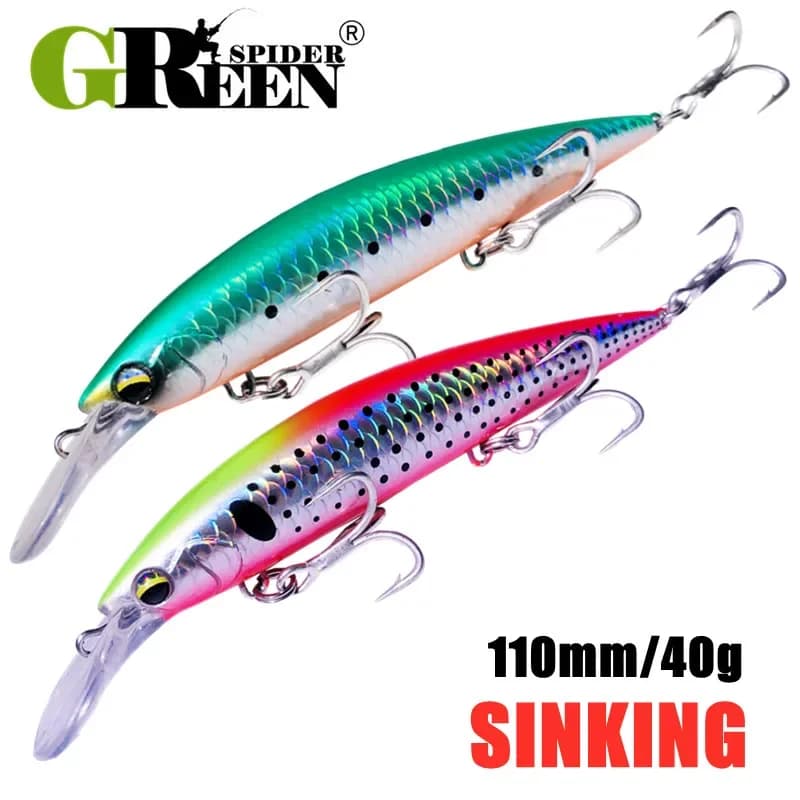 GREENSPIDER Pesante Minnow 110mm Affondamento Jerkbait Longcast Richiamo di Pesca Acqua Salata Spigola Esca Artificiale di Plastica Affrontare