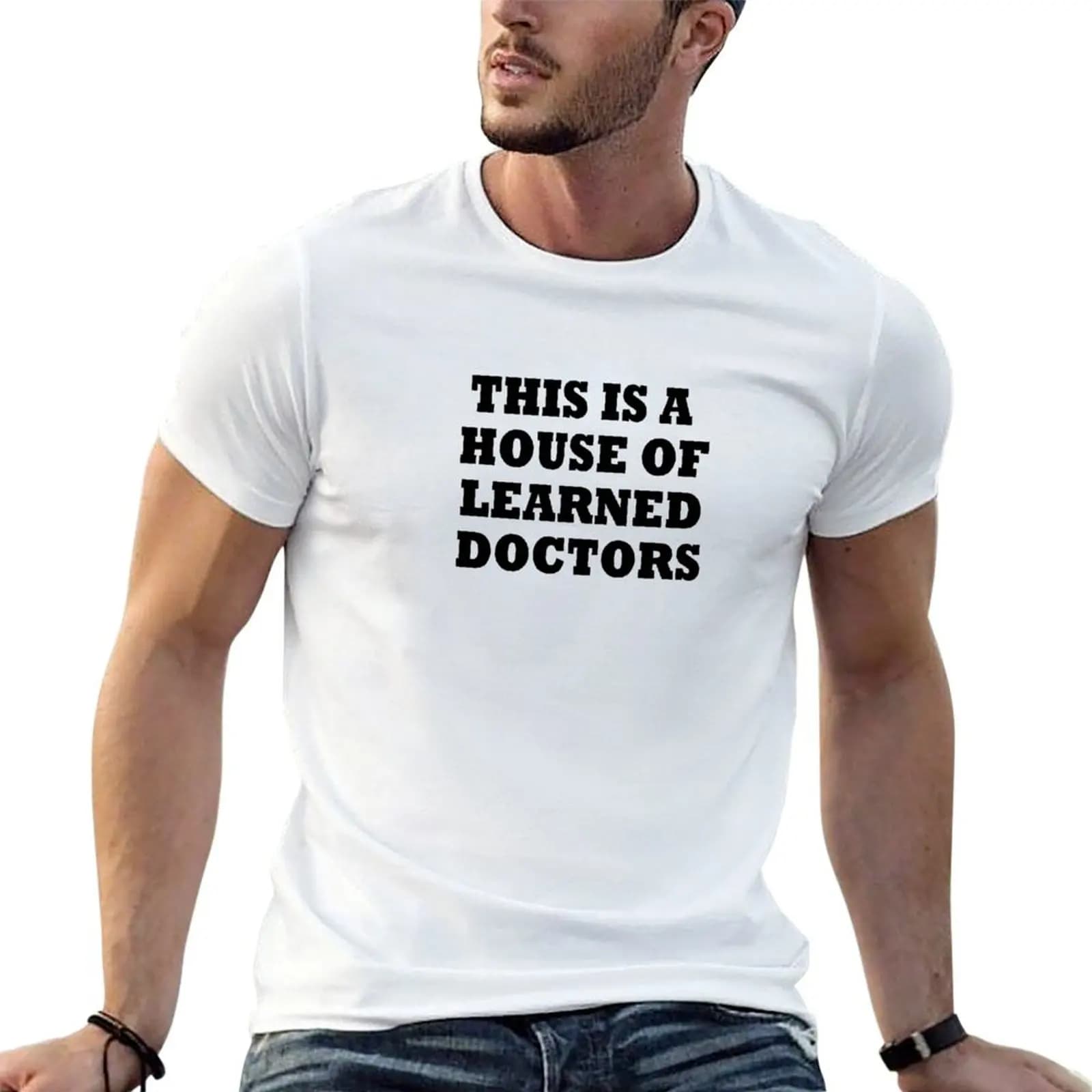 This is a House of Learned Doctors Bath Mat Shirt Sticker Mug Pillow Shower Curtain T-Shirt Casual Daily Wear Short Sleeve Top