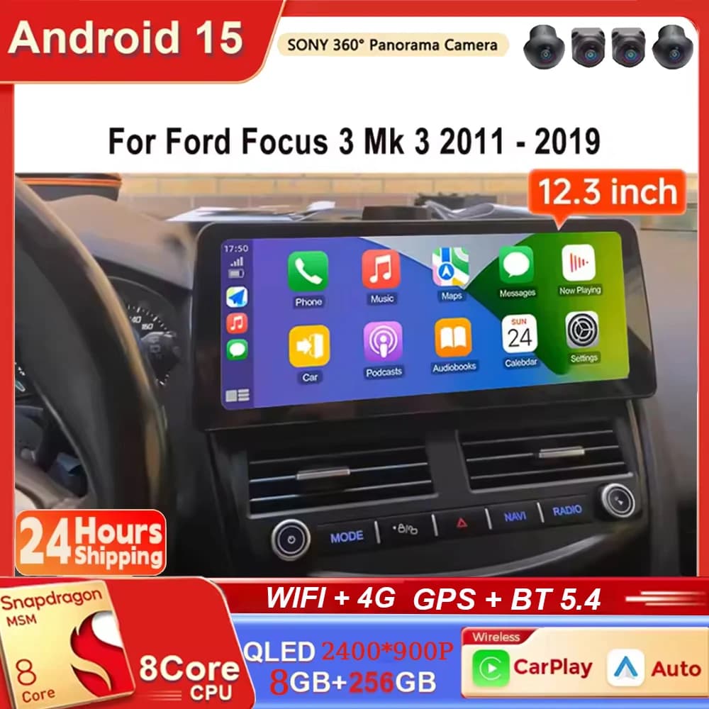 Autoradio Android 15 da 12,3 Pollici con 4G WIFI, Carplay, Lettore Multimediale, GPS per Ford Focus 3 Mk 3 2011-2019