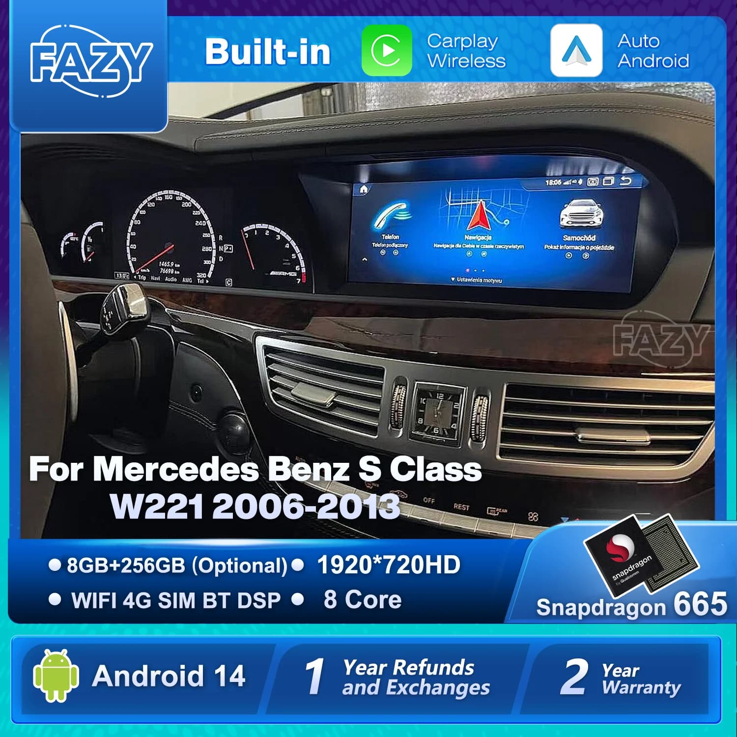 Android Screen 14 CarPlay in original style for Mercedes Benz Class S W221 2006-2013, multimedia player for cars, GPS, navigator, car radio