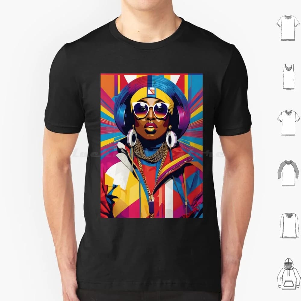 Missy Elliot T Shirt 6xl Cotton Cool Tee Ritratto Donna Cuffie Occhiali da sole Moda Vibrant Colorato Stile geometrico Missy