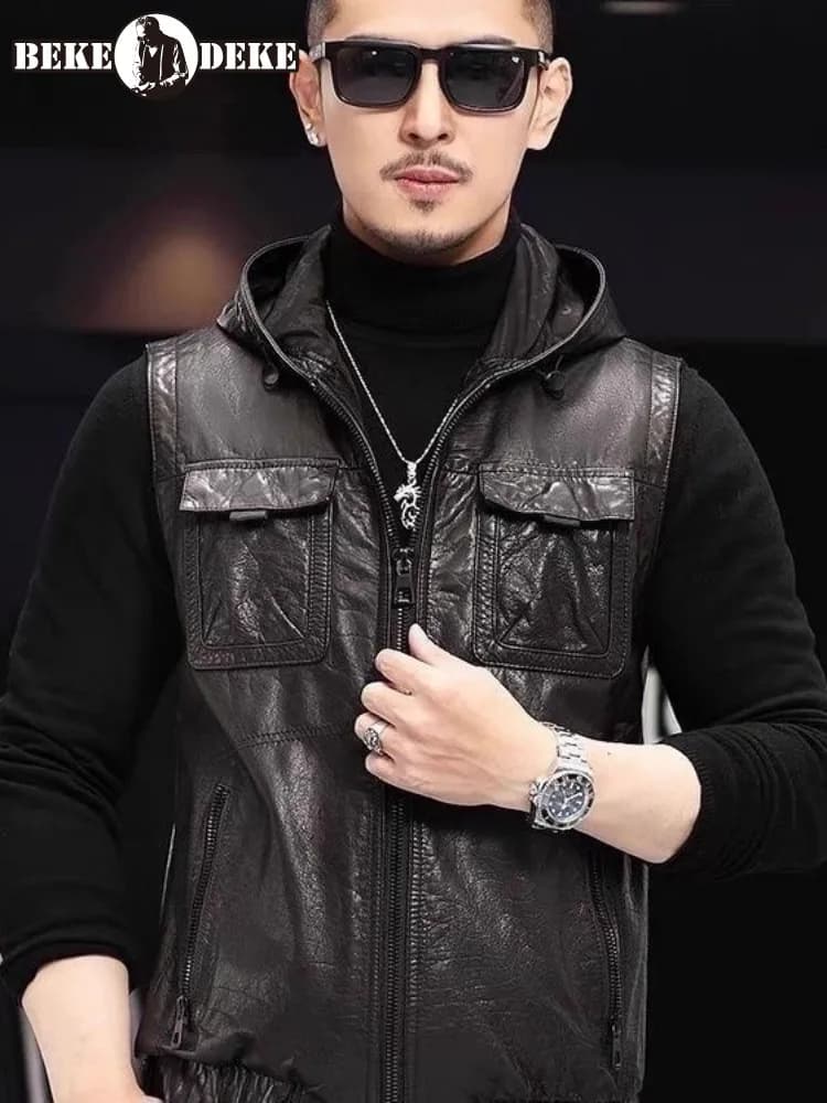 Gilet da uomo in vera pelle punk streetwear giacca da moto senza maniche con cappuccio zip gilet cargo vintage casual in pelle bovina taglia 5XL