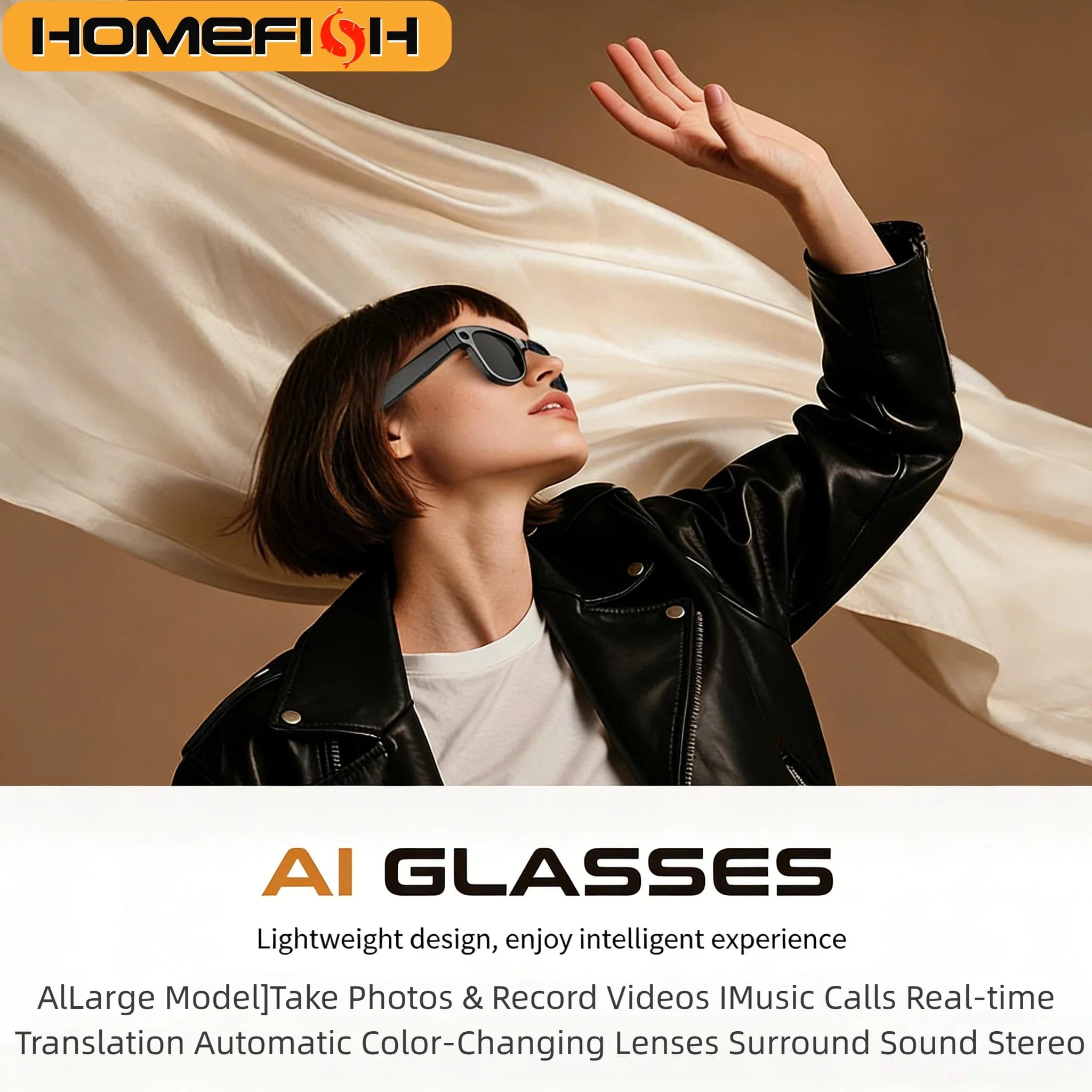 HOMEFISH M02 Occhiali Intelligenti AI con Fotocamera 4K, Audio Bluetooth, Traduzione e Custodia di Ricarica d'Emergenza - Leggeri e Confortevoli