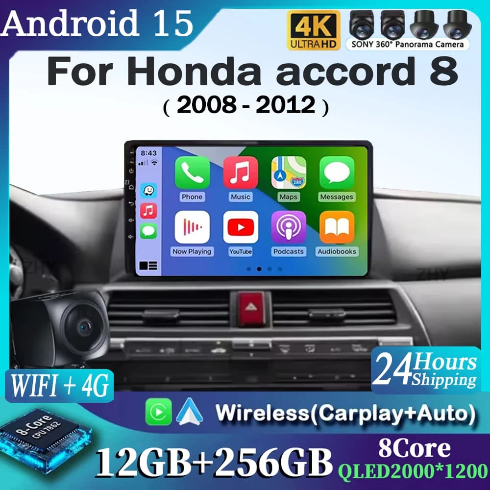 Per Honda Accord 8 2008 2009 2010 - 2012 Android 16 GPS WIFI 4G Carplay&Auto Autoradio Navigazione QLED Lettore Multimediale Stereo