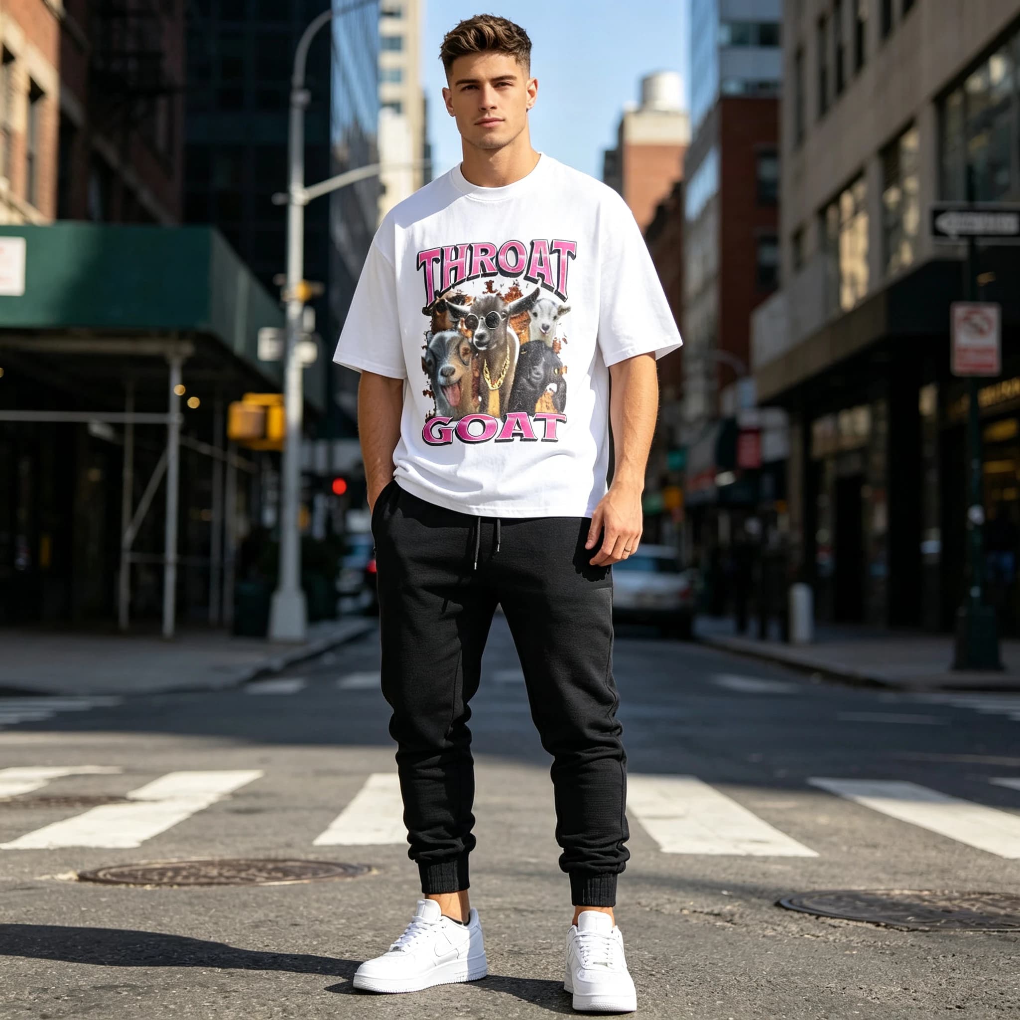 Summer Men's Oversized 2 Piece Outfit Funny "THROAT GOAT" Graphic T-Shirt + Black Joggers Set Streetwear Tracksuit